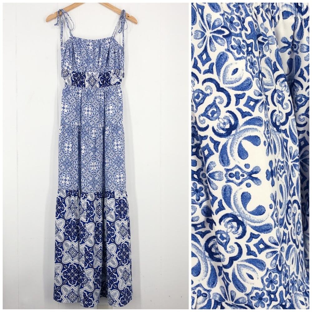 Express Maxi Dress Square Neck Tiered Skirt Tie Straps Boho Size XS Blue White